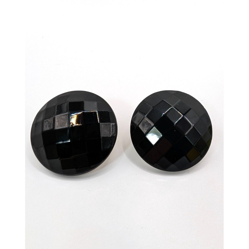 Vintage Clip On Earrings Black Faceted Round Domed Silver Tone 1.2 Inch Retro